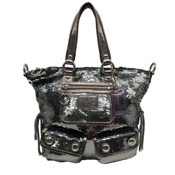 Coach Stone Gray Blue Poppy Sequin Spotlight Convertible Tote Bag 13821 - Picture 1 of 11